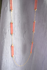Fuchsia Bar Strand Necklace – 40" Gold Tone Layering Necklace