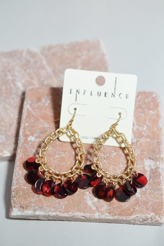 Teardrop Burgundy Tiger's Eye Tassels Earrings - Gold Chain