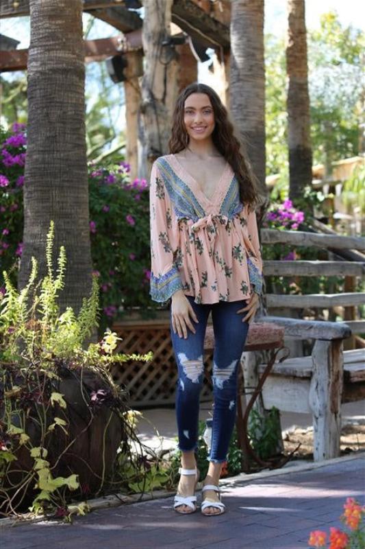Angie Boho Bell Sleeve Floral Print Blouse - Pink