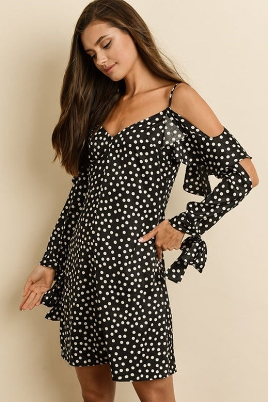 Satin Silky Polka Dot Cold Shoulder Flutter Dress - Black