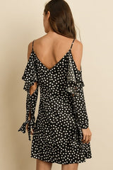 Satin Silky Polka Dot Cold Shoulder Flutter Dress - Black