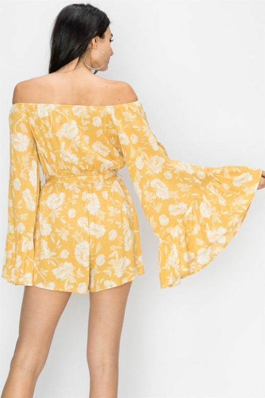 FAV Off Shoulder Big Bell Sleeve Romper - Mustard