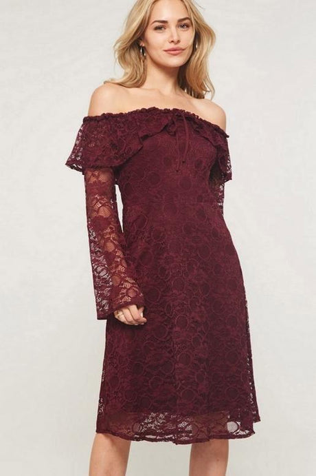 Burgundy Off Shoulder Sassy Lace Holiday Dress