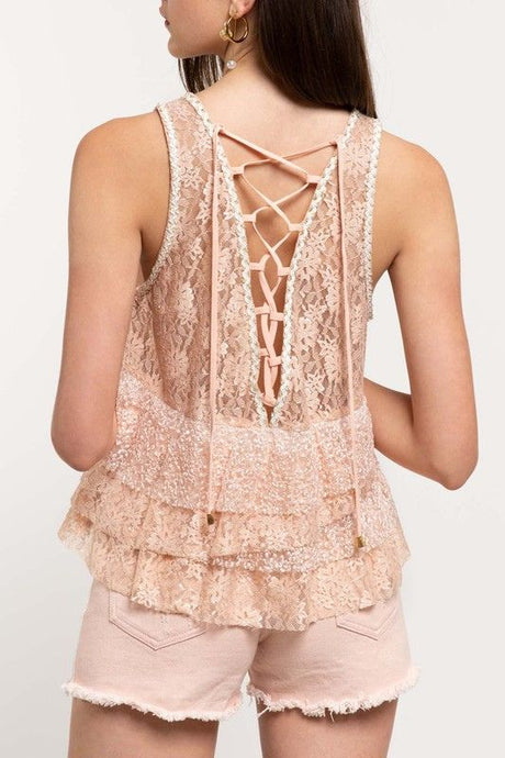 *SALE POL Tiered Lace Up Back Top - Blush