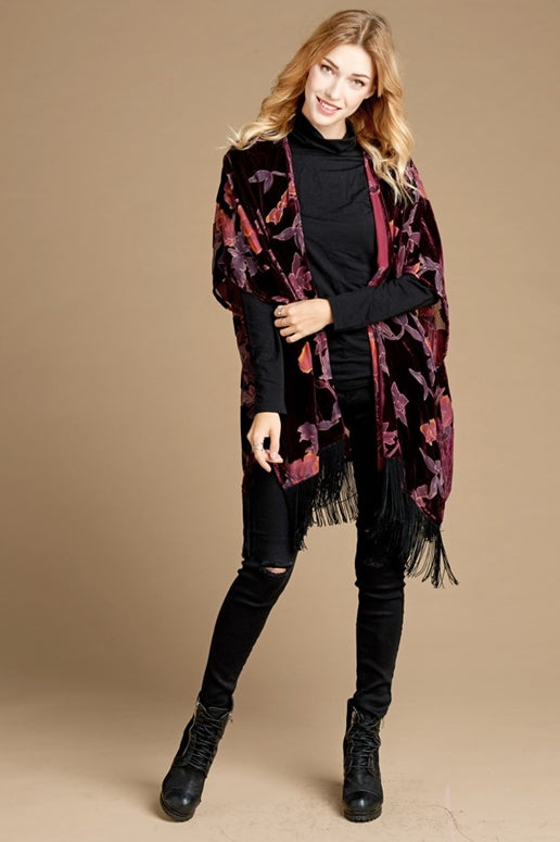 Floral Burnout Velvet Fringe Kimono - Burgundy