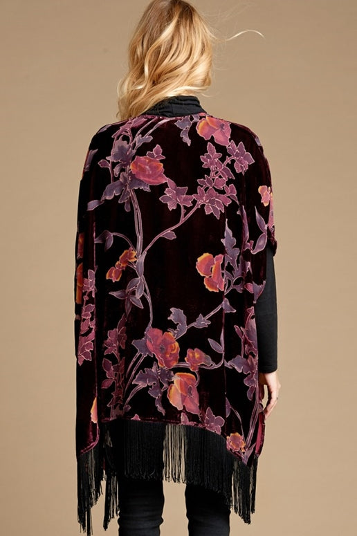 Floral Burnout Velvet Fringe Kimono - Burgundy