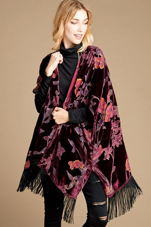 Floral Burnout Velvet Fringe Kimono - Burgundy