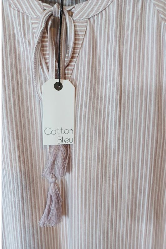 Bubble Sleeve Tassel Ties Stripes Top - Sand Mauve