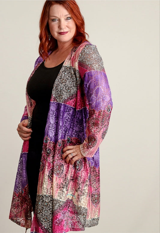 Patchwork Print Purple Plus Cardigan