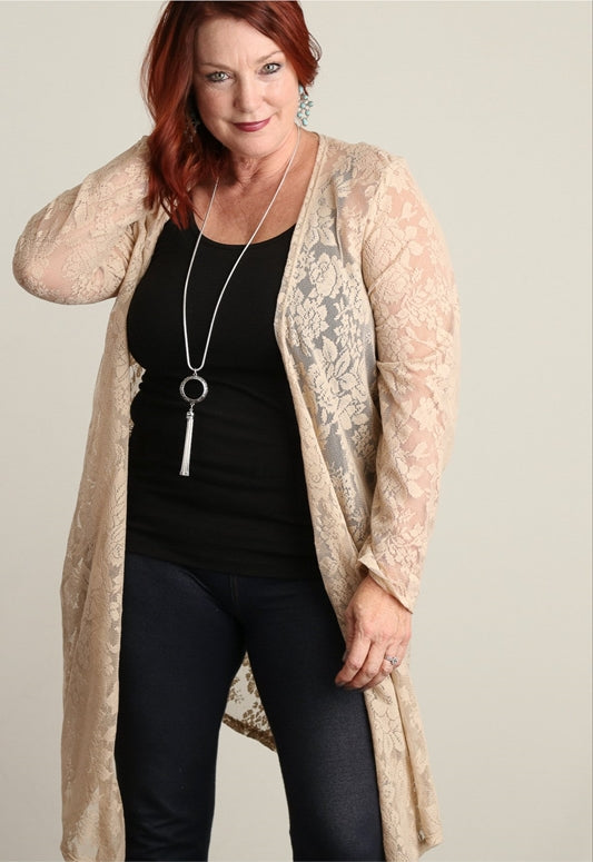 Taupe Lace Plus Cardigan