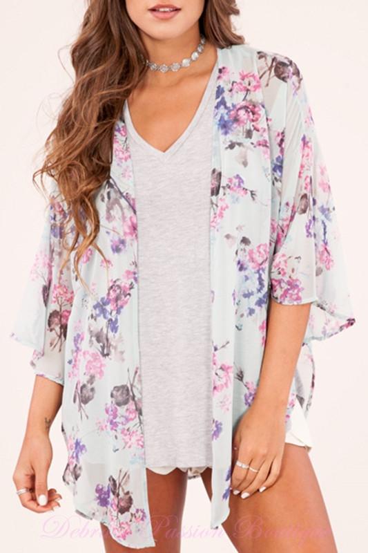 Peach Love Floral Bell Sleeve Kimono - Mint