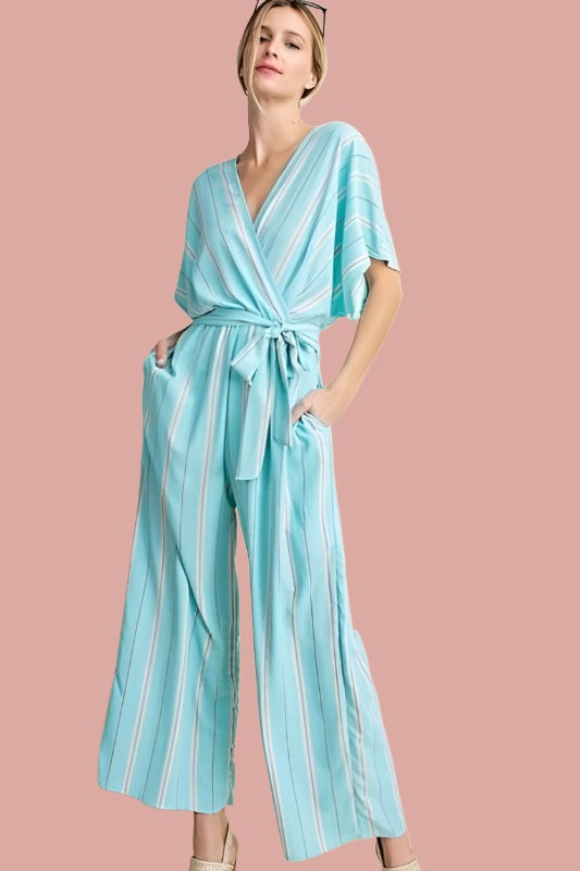 Kori Striped Belted Casual Crop Jumpsuit - Mint Emerald