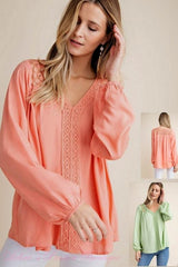 Kori Lace Yoke Blouse - Coral or Melon