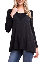 L Love Lace Accent Ribbed Top - Charcoal