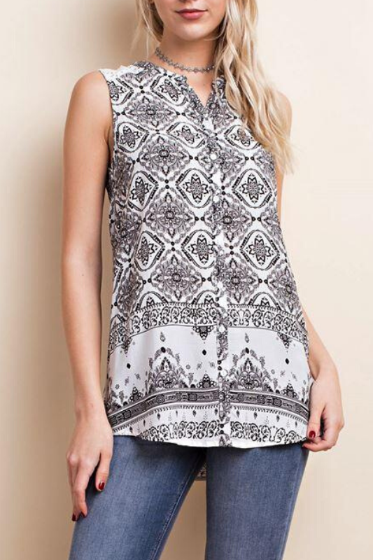 L Love Print & Lace Button Down Blouse - White