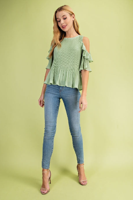 L Love Pleated Cold Shoulder Blouse - Apple Green
