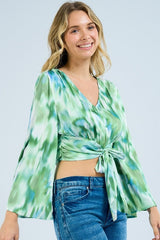 L Love Waist Bowtie Crop Flare Sleeve Top - Green