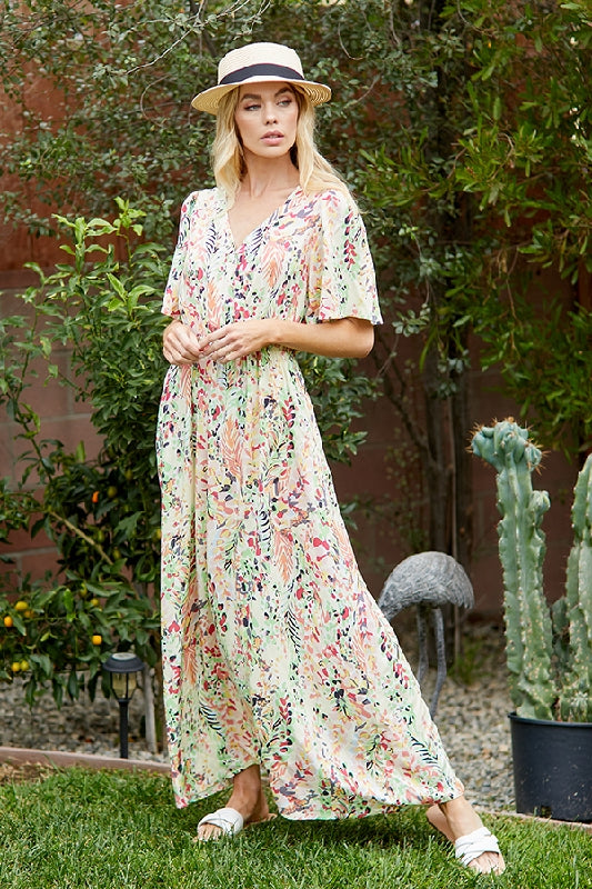 Maxi Dress Flounce Sleeves - Cream Multi