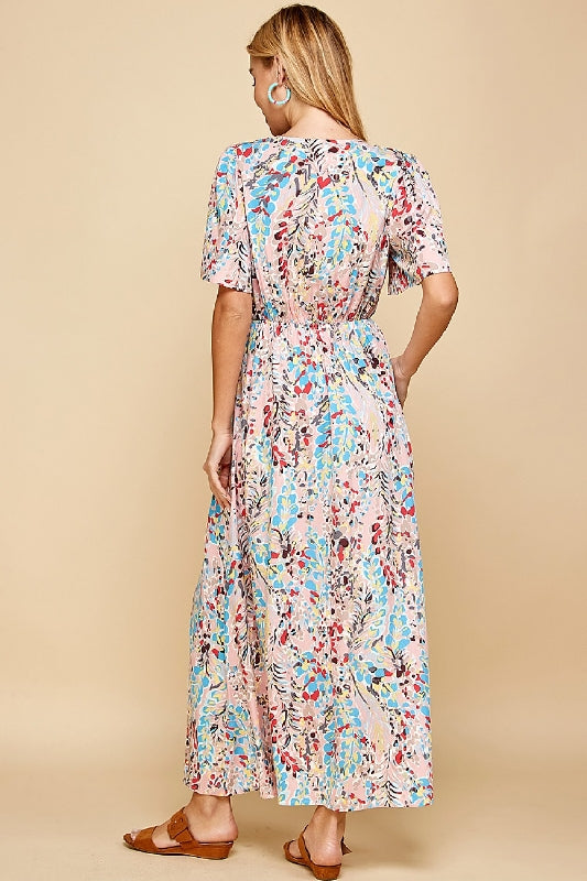 Maxi Dress Flounce Sleeves - Cream Multi