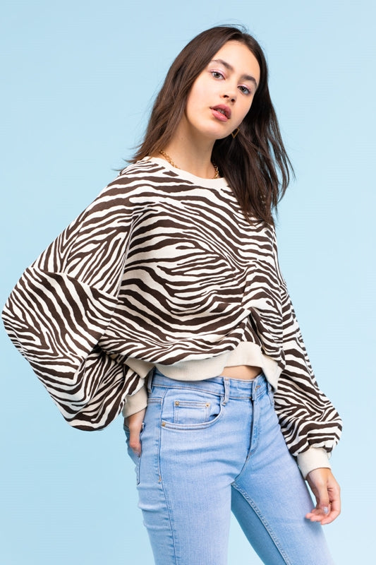 Le Lis Crop Twist Knot Zebra Sweatshirt - Brown