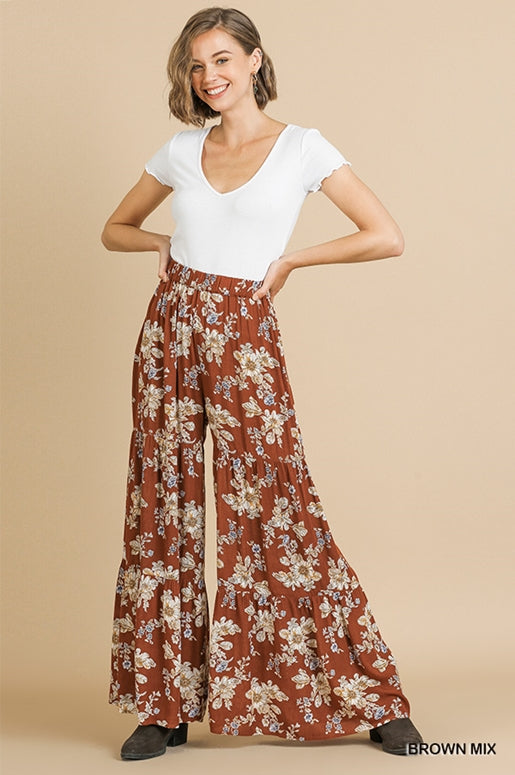 Umgee Floral Ruffle Pants - Brown Mix