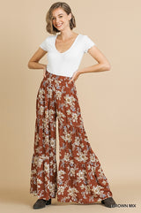 Umgee Floral Ruffle Pants - Brown Mix