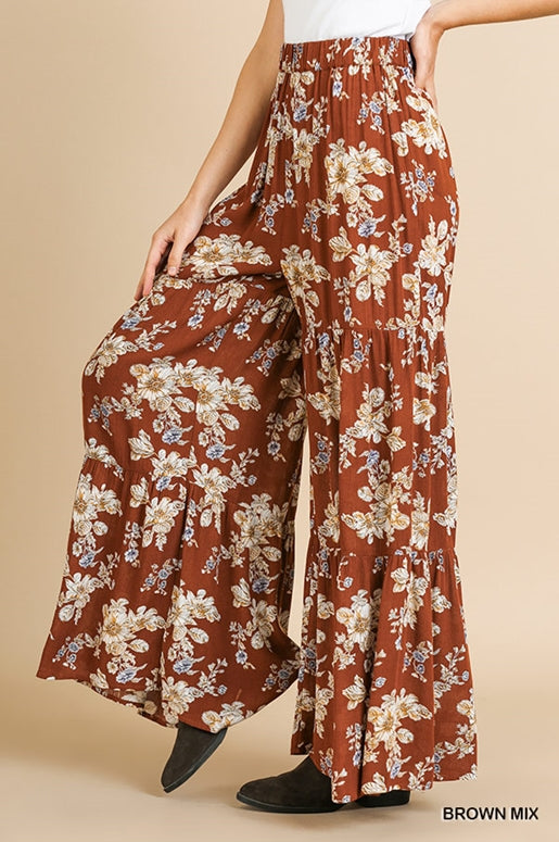 Umgee Floral Ruffle Pants - Brown Mix