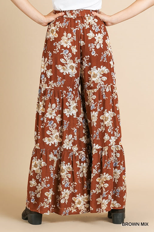 Umgee Floral Ruffle Pants - Brown Mix