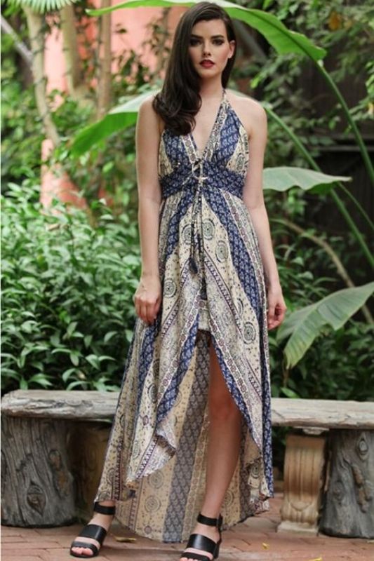 Angie Hi Lo Halter Maxi Romper - Ivory Navy