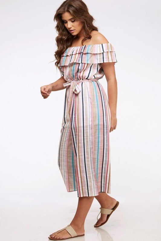 Peach Love Striped Off-Shoulder Ruffle Capri Jumpsuit