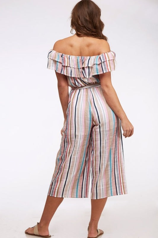 Peach Love Striped Off-Shoulder Ruffle Capri Jumpsuit