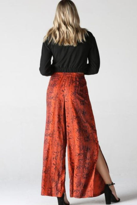 Angie Snakeskin Button Wide Pants - Rust