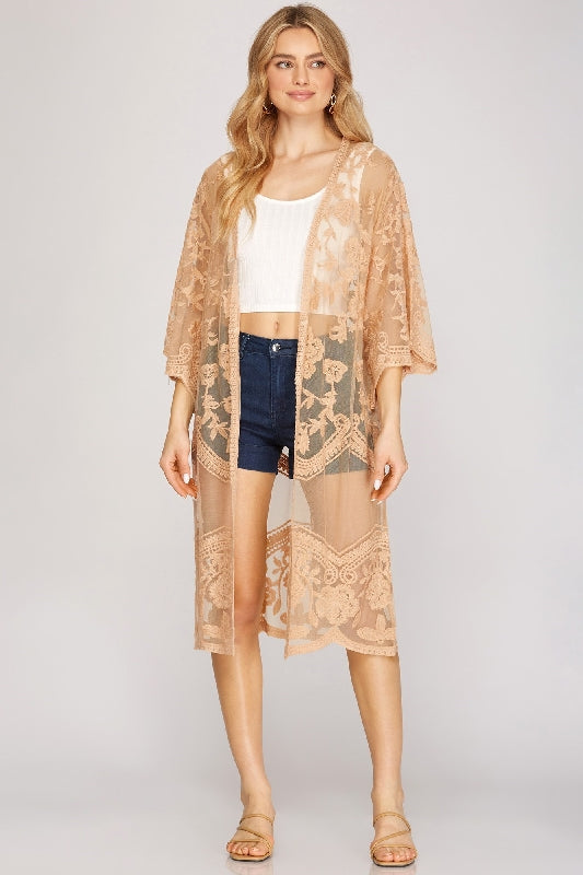 She + Sky Embroidered Mesh Long Kimono Cardigan