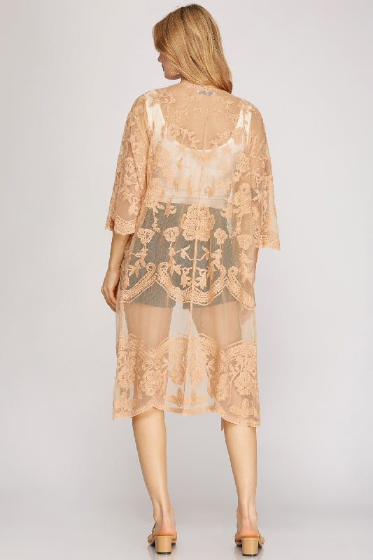 She + Sky Embroidered Mesh Long Kimono Cardigan