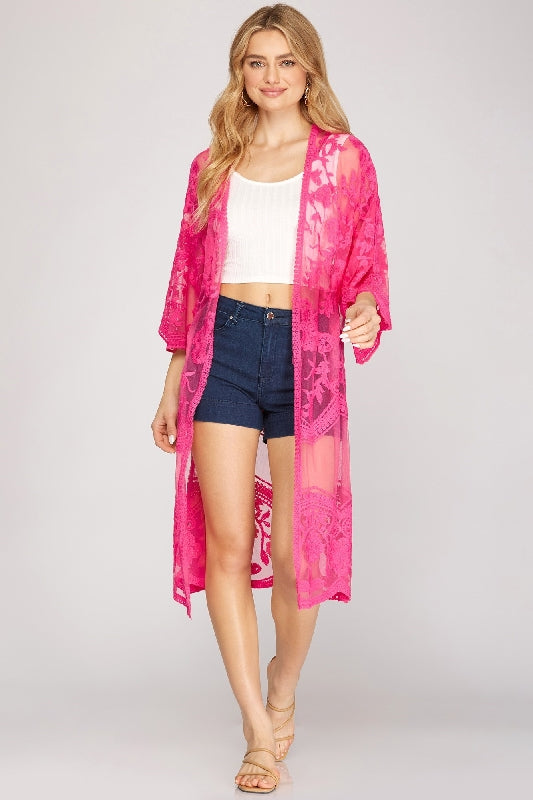 She + Sky Embroidered Mesh Long Kimono Cardigan