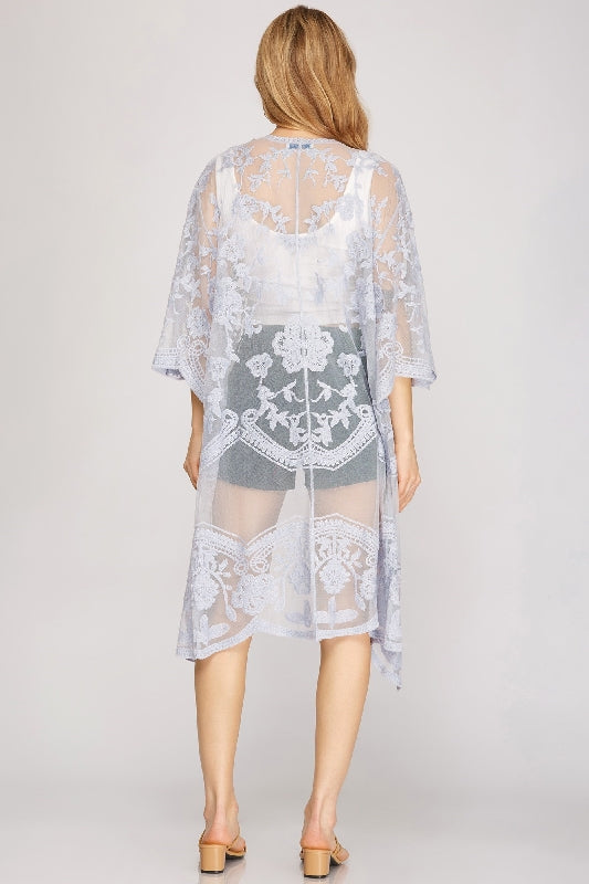 She + Sky Embroidered Mesh Long Kimono Cardigan