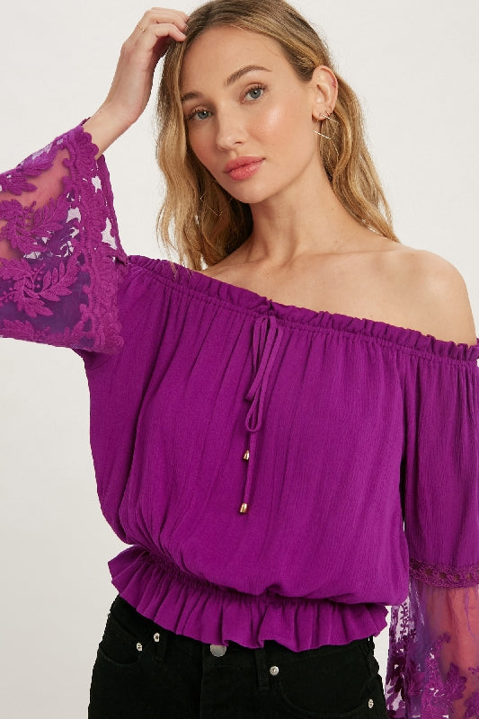 Lace Bell Sleeve Off Shoulder Blouse - Orchid Magenta