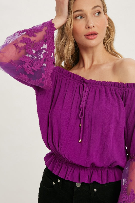 Lace Bell Sleeve Off Shoulder Blouse - Orchid Magenta