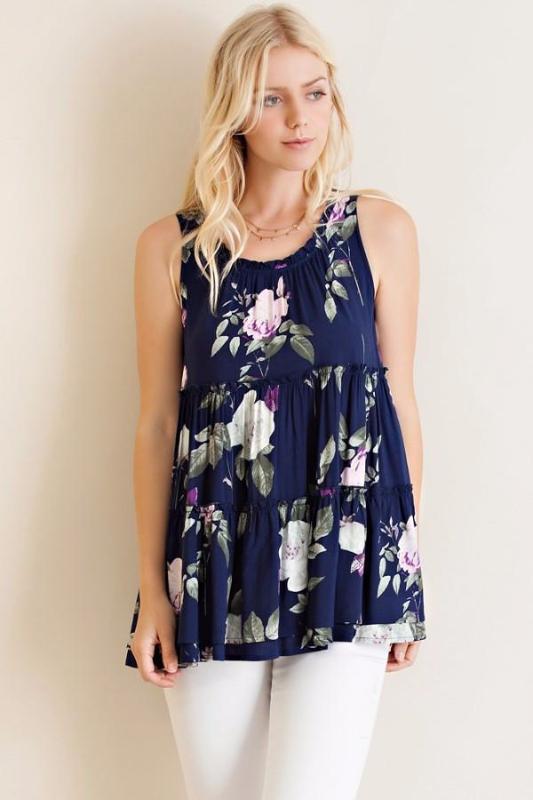 Rose Garden Tank Ruffle Blouse - Navy - Debra's Passion Boutique - 1