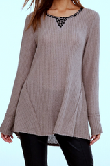 L Love Waffle Elbow Patch Top - Taupe