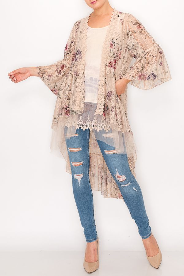 Origami Special Flower Print Hi Lo Kimono - Taupe