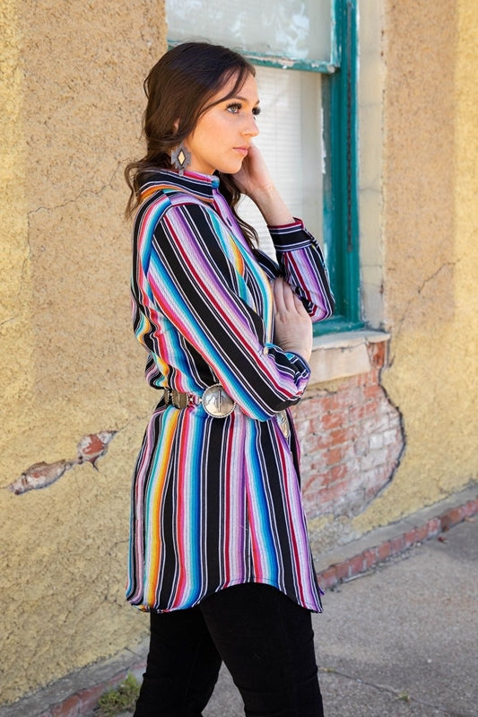 L&B Western Farmhouse Purple Serape Button Up Tunic Shirt