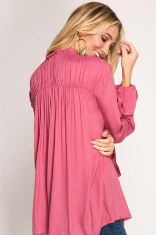 Bohemian Flare Sleeve Button Down Blouse - Dark Mauve