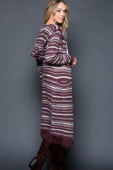 Gee Gee Striped Hoodie Long Cardigan - Burgundy