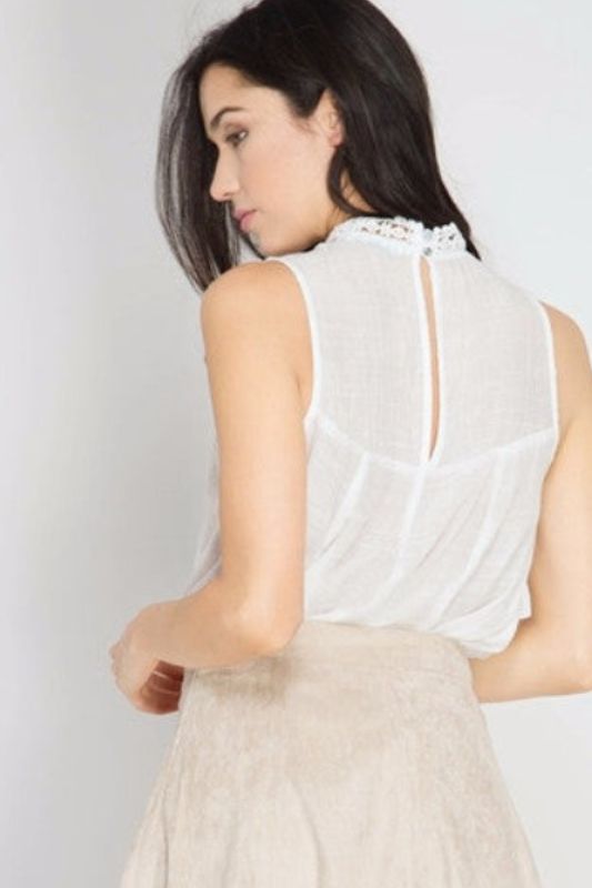 She + Sky Lace Trim High Neck Top - Off White