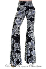 Wide Bell Bottom Big Flower Skinny Pants -  Navy Black Mix