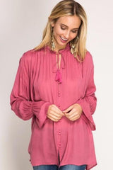 Bohemian Flare Sleeve Button Down Blouse - Dark Mauve