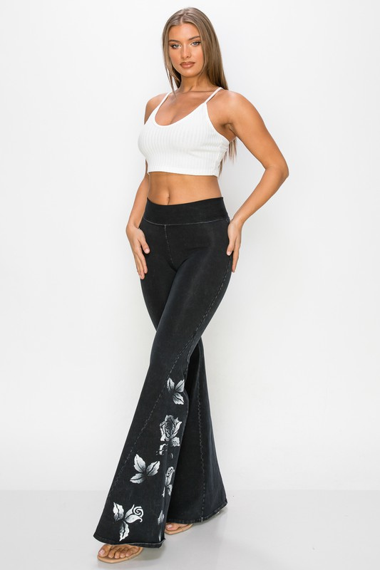 T-Party Flower Embroidery Flare Foldover Pants - Black – Debra's