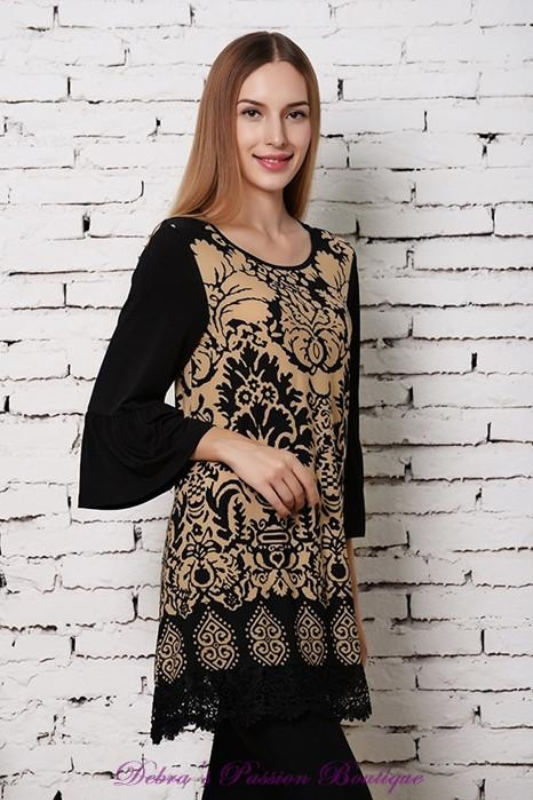 Sassy Bling Damask Scroll Tall Tunic - Mocha/Black Small Sassy Bling Damask Scroll Tall Tunic - Mocha/Black Small