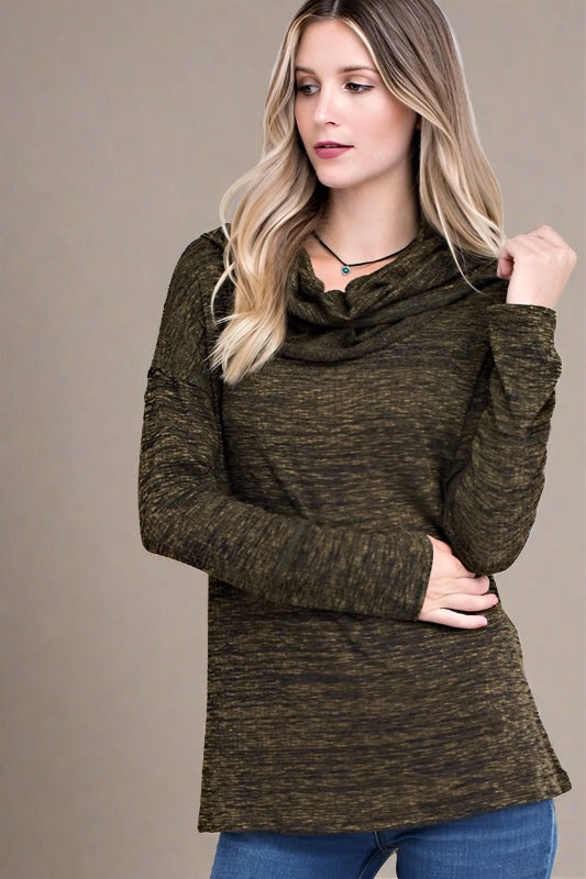 Kori Rib Knit Cowl Neck Top - Moss Green